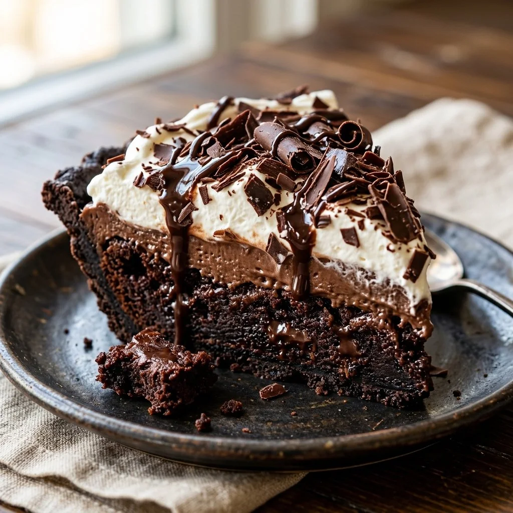 Deliciously rich Mississippi Mud Pie with layers of chocolate and crust