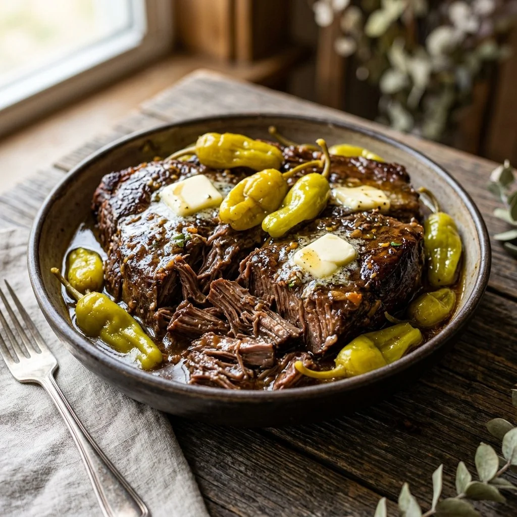 Delicious Mississippi Pot Roast served with carrots and potatoes