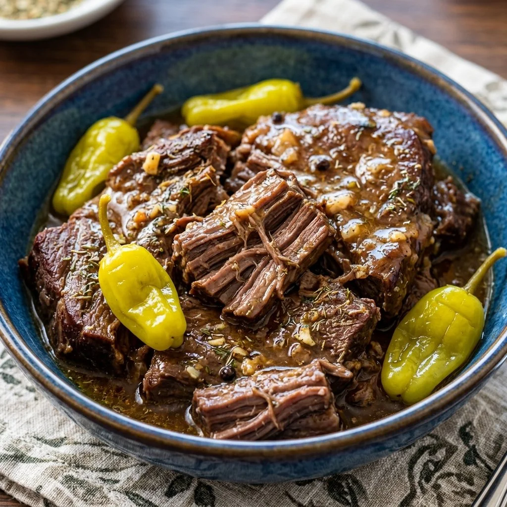 Delicious Mississippi Pot Roast served with vegetables and herbs