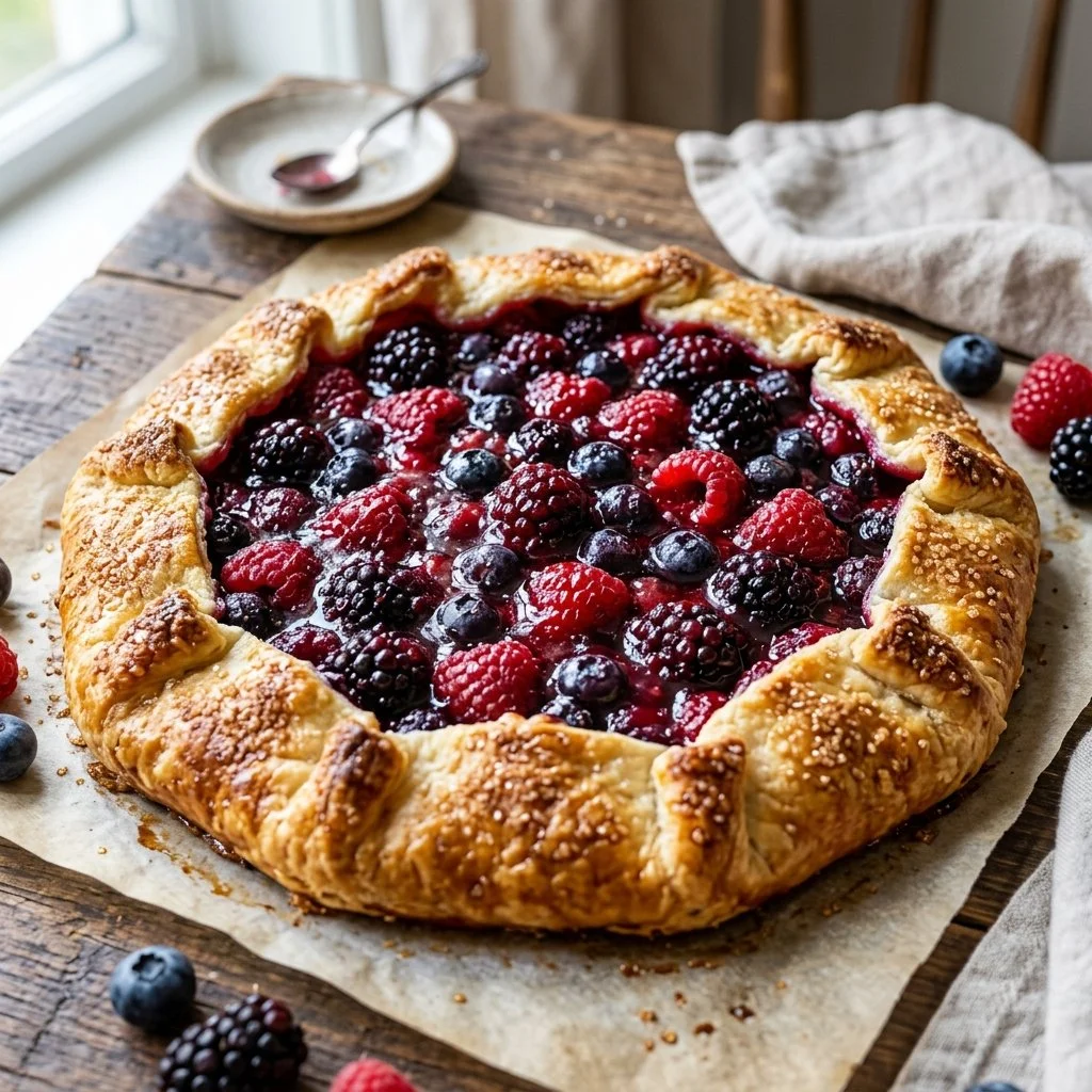 Freshly baked Mixed Berry Galette with a golden crust and vibrant berries