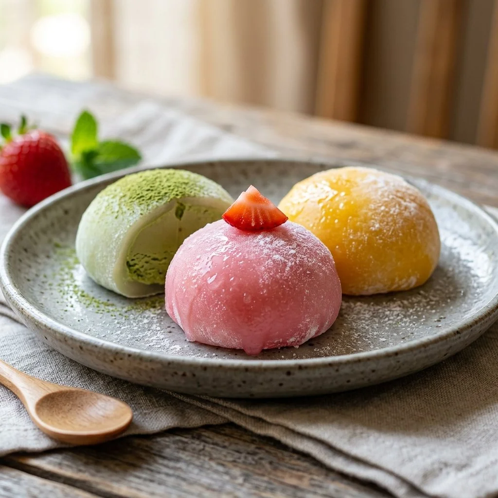 Mochi ice cream with colorful rice cake layer and creamy filling