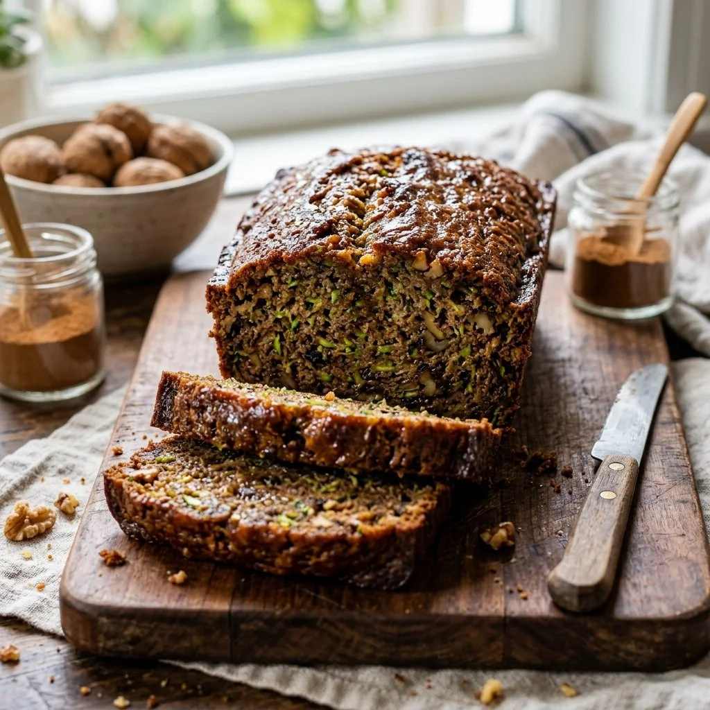 Slice of moist zucchini bread with nuts and spices on a wooden cutting board