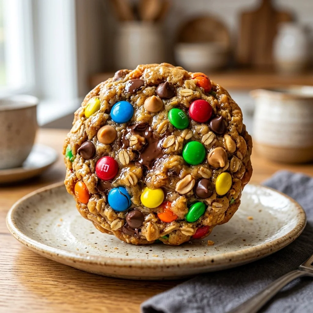 A batch of delicious homemade Monster Cookies with chocolate and M&Ms