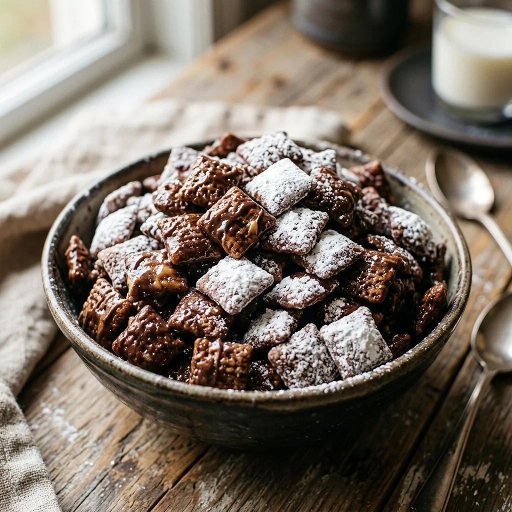 Bowl of homemade Muddy Buddies snack with chocolate and peanut butter coating