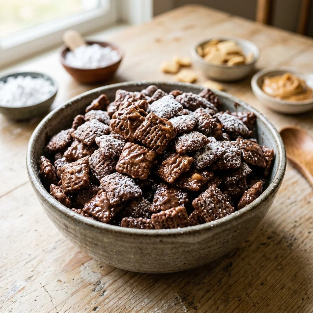 Delicious Muddy Buddies snack mix with chocolate and peanut butter