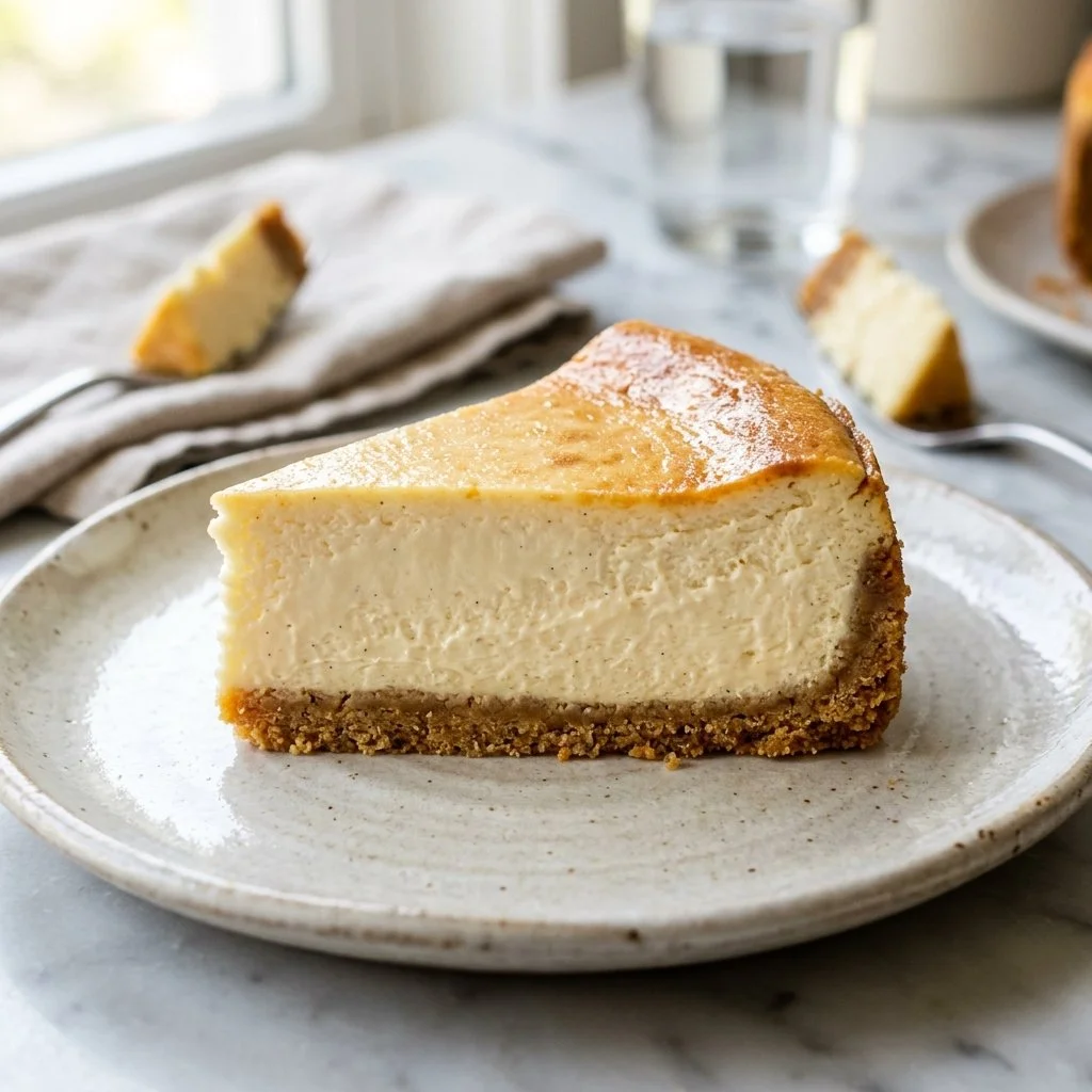 Slice of rich New York Cheesecake topped with fresh strawberries