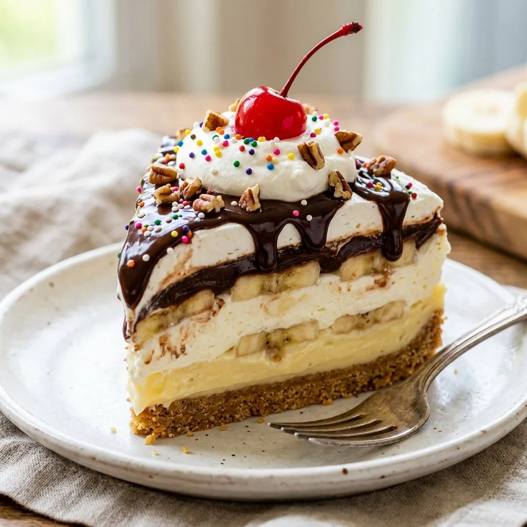 No-Bake Banana Split Cake with fresh bananas and chocolate topping