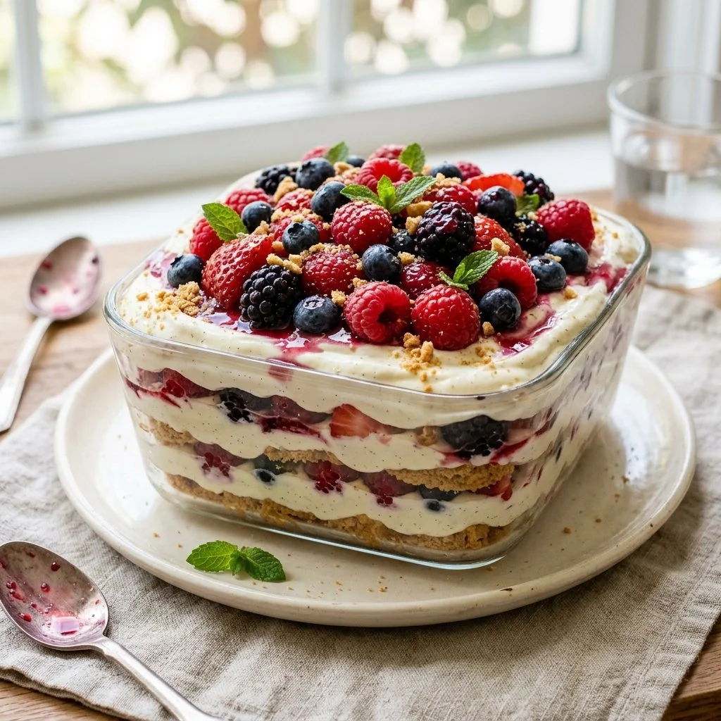 A delicious no-bake berry icebox cake topped with fresh berries and whipped cream