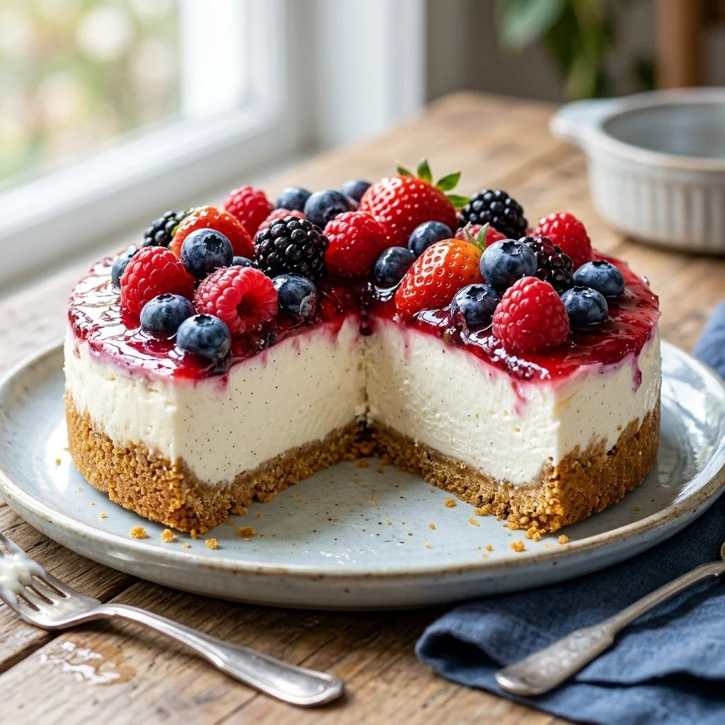 No bake cheesecake topped with fresh berries on a white plate
