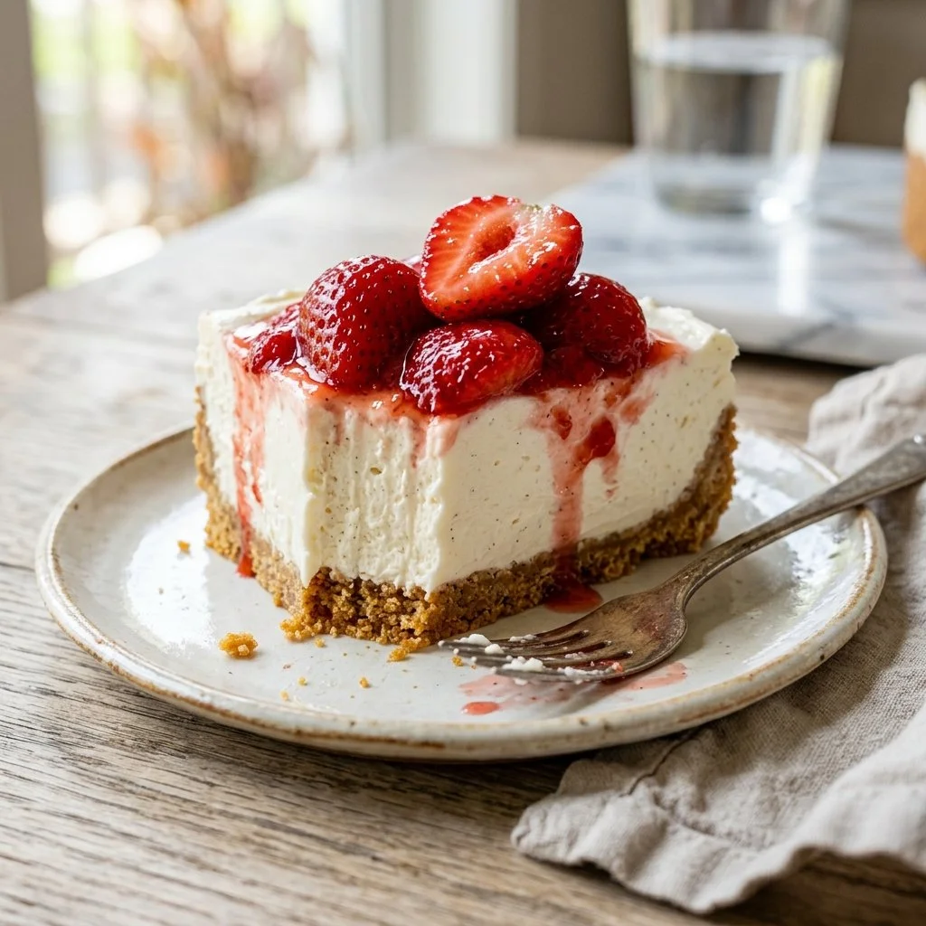 Delicious no bake cheesecake topped with fresh berries on a plate