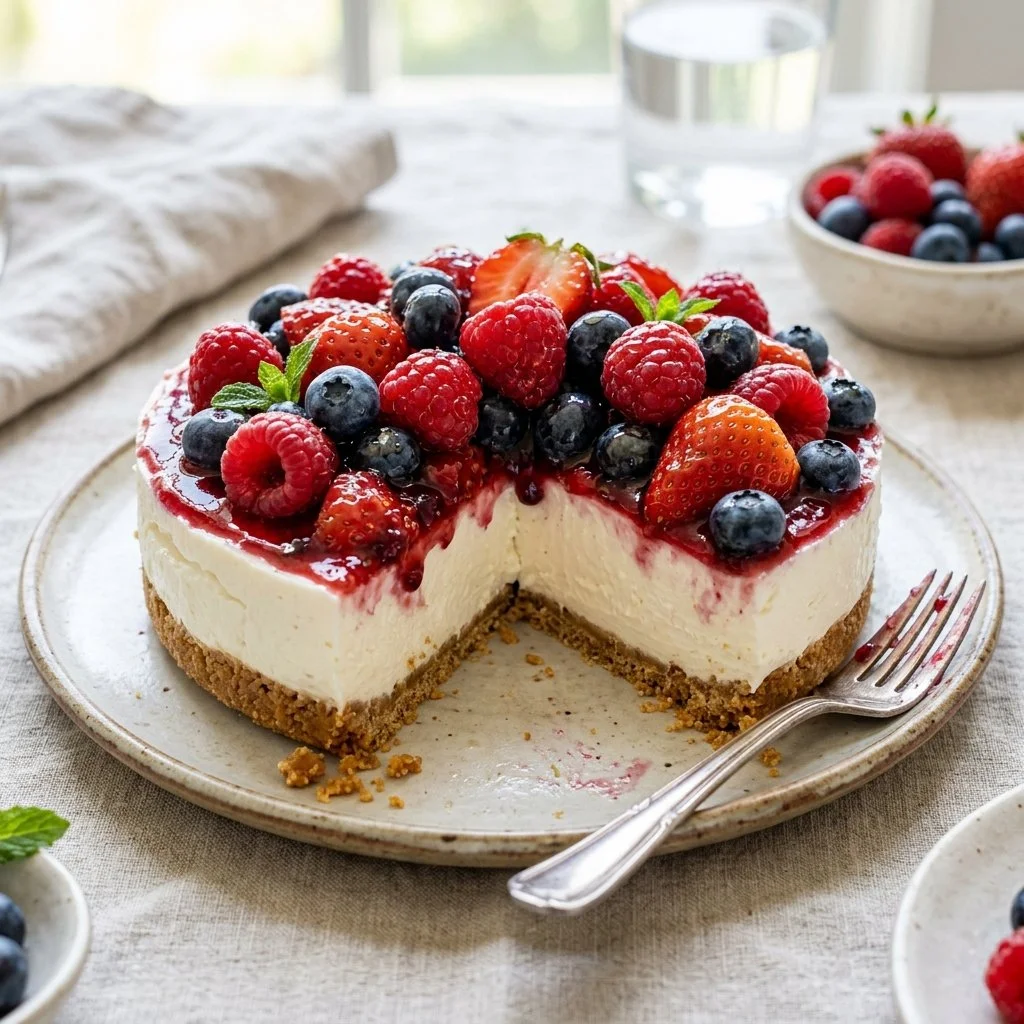 Delicious no bake cheesecake topped with fresh berries and whipped cream
