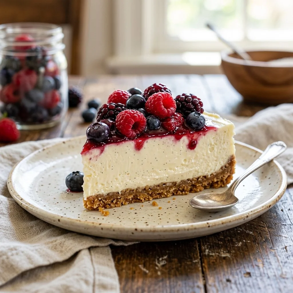 Delicious no bake cheesecake topped with fresh berries and whipped cream