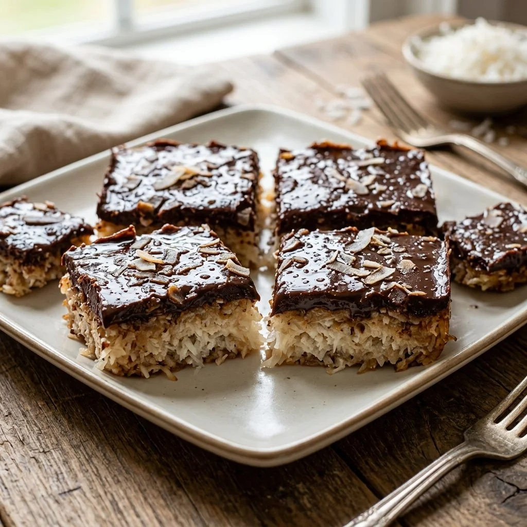 Delicious no-bake coconut bars topped with shredded coconut and chocolate.