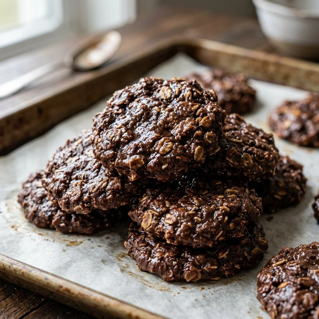 A plate of homemade no-bake cookies made with chocolate and oats