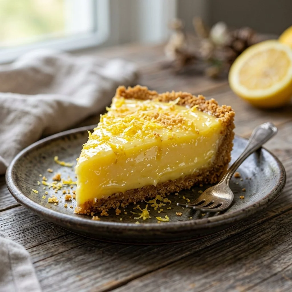 Slice of no-bake lemon pie with a graham cracker crust and lemon topping.