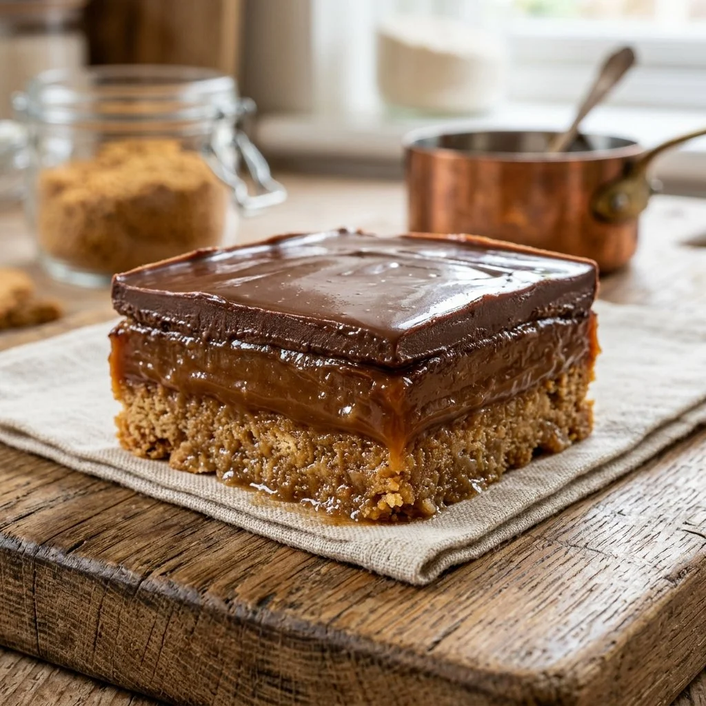 Delicious no-bake millionaire shortbread with layers of caramel and chocolate