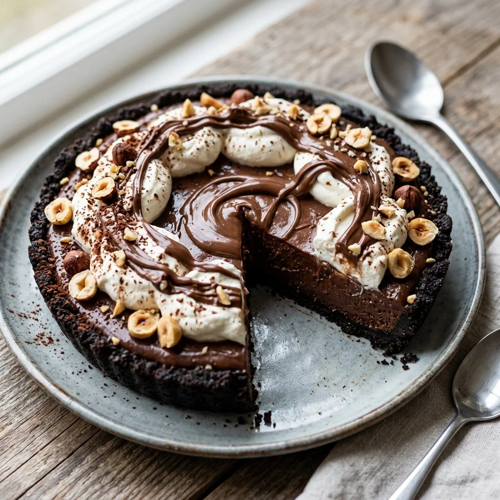Delicious no-bake Nutella pie topped with chocolate and hazelnuts