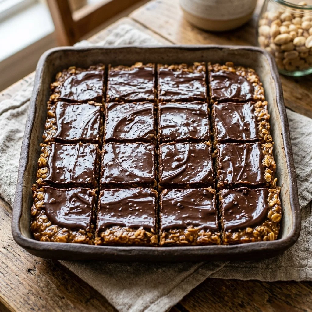 Delicious no-bake peanut butter bars topped with chocolate and nuts