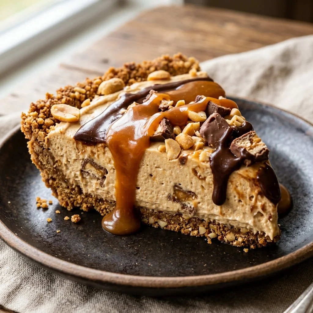 Delicious No-Bake Snickers Pie with chocolate, caramel, and peanuts layers