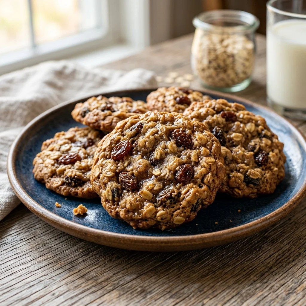 Freshly baked oatmeal raisin cookies on a cooling rack