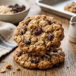 Freshly baked oatmeal raisin cookies with oats and plump raisins
