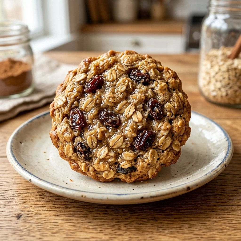 Freshly baked oatmeal raisin cookies on a cooling rack