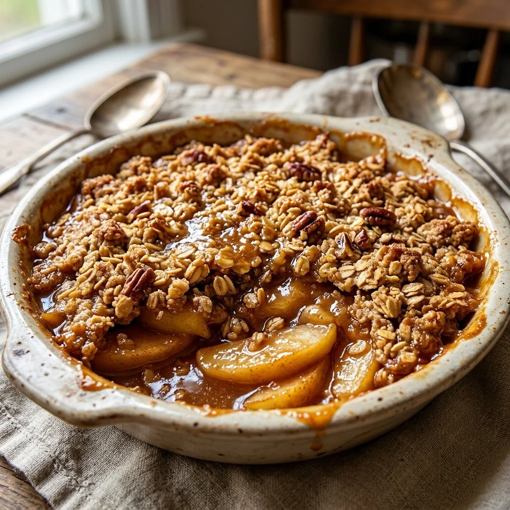 Old Fashioned Apple Crisp served in a rustic dish with a scoop of vanilla ice cream