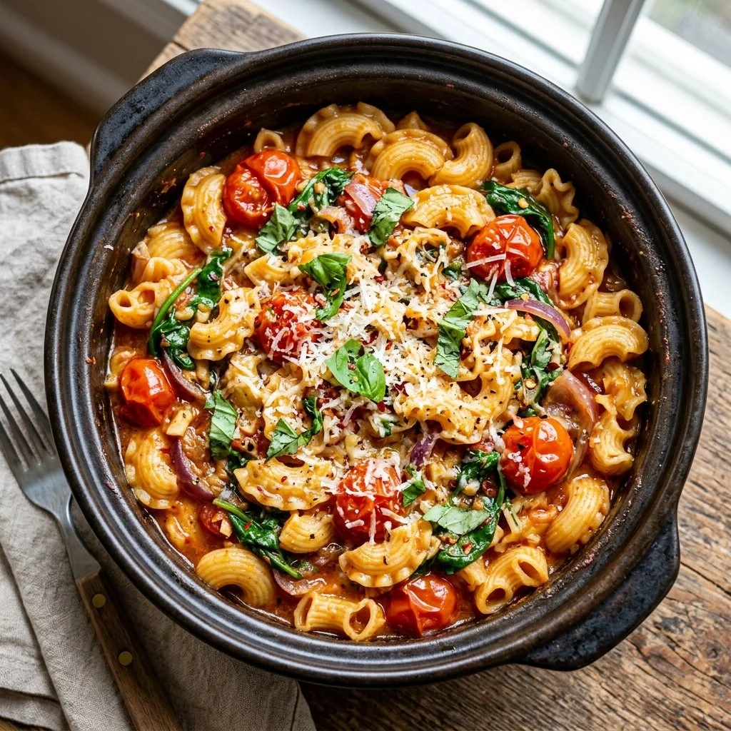 Delicious one pot pasta served with fresh herbs and grated cheese