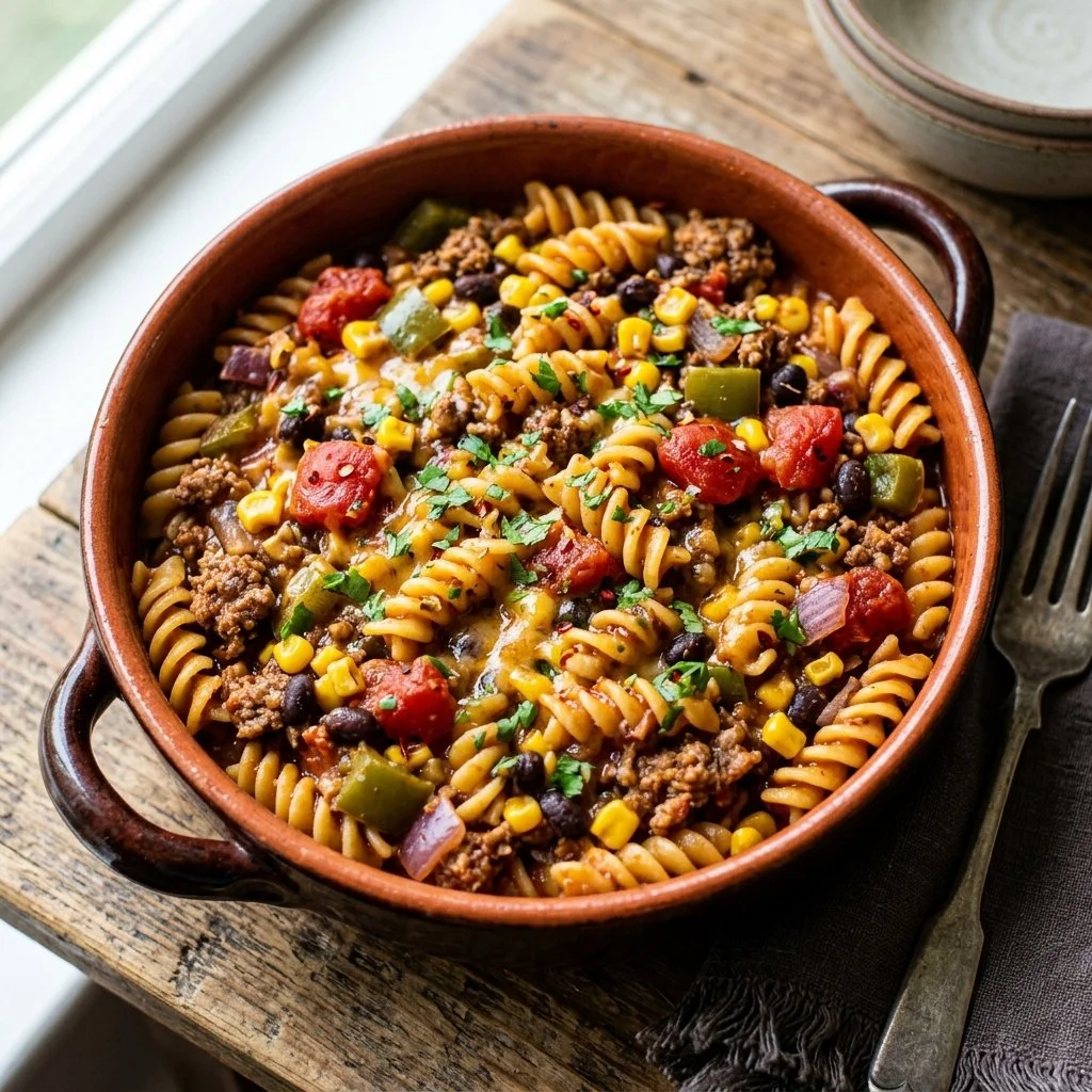 Delicious one pot taco pasta dish garnished with herbs and cheese