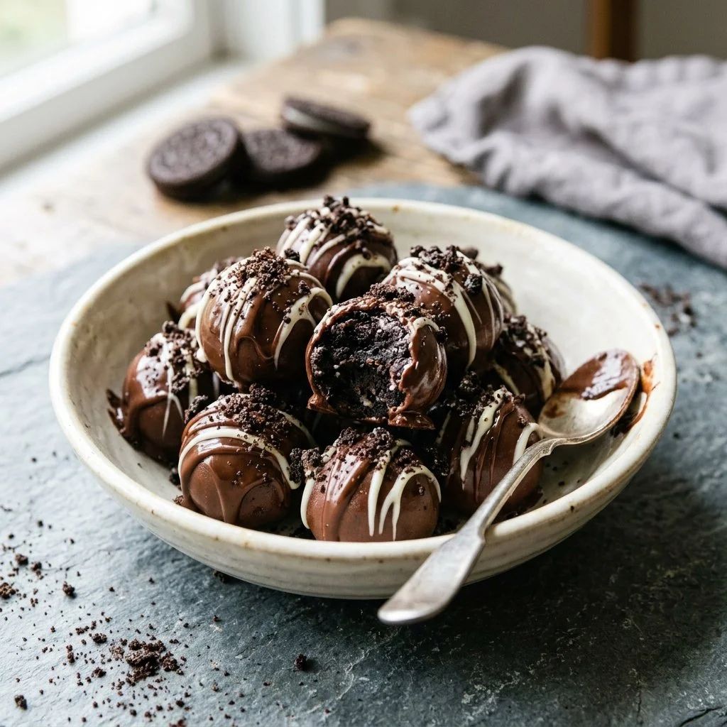 Delicious homemade Oreo Balls sprinkled with chocolate sprinkles.