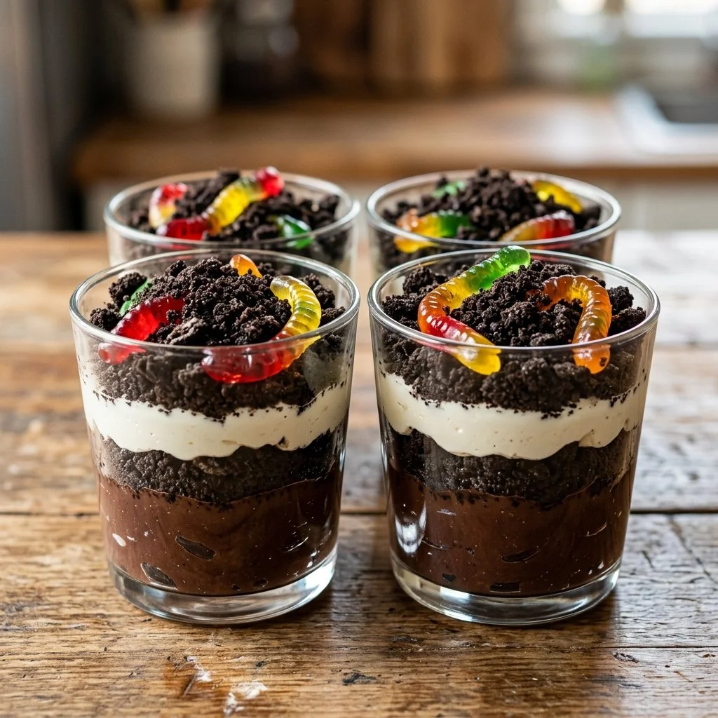 Dessert made with Oreo Dirt Cups layered with chocolate pudding and whipped cream.