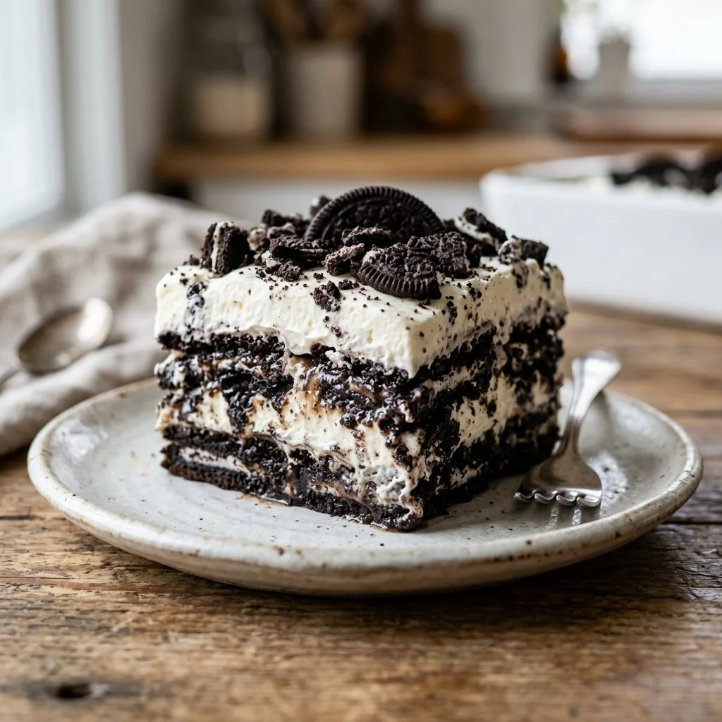 Delicious Oreo Icebox Cake with layers of cream and Oreo cookies
