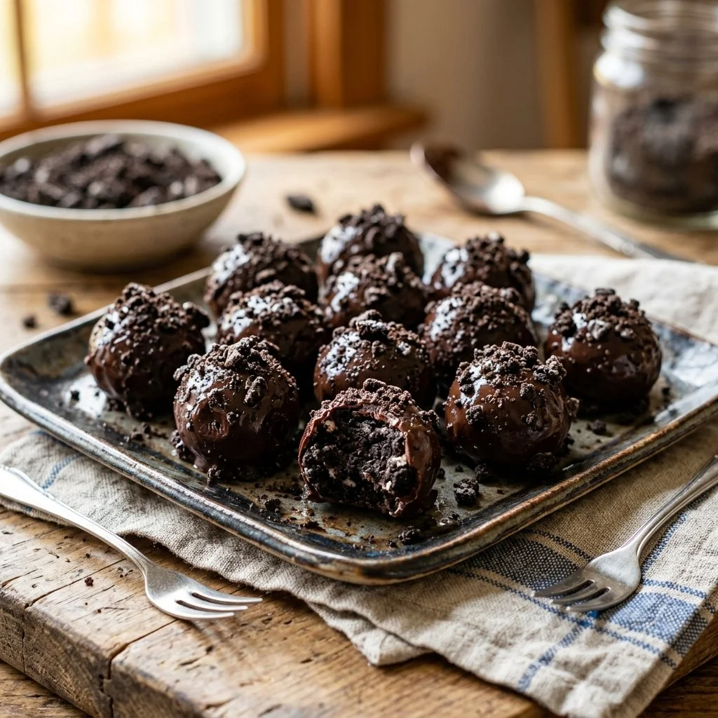 Delicious homemade Oreo Truffles on a white plate