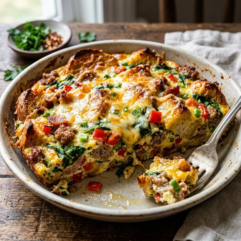 Delicious Overnight Breakfast Strata recipe ready to serve.