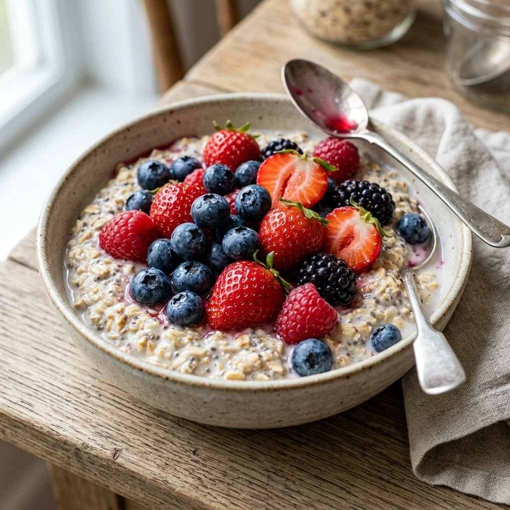 Bowl of overnight oats topped with fresh berries and nuts