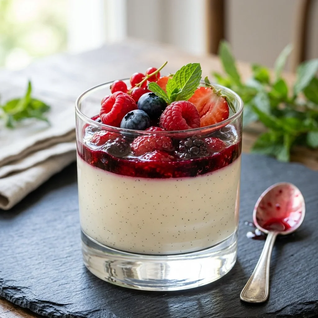 Delicious panna cotta served in elegant glass with fresh berries