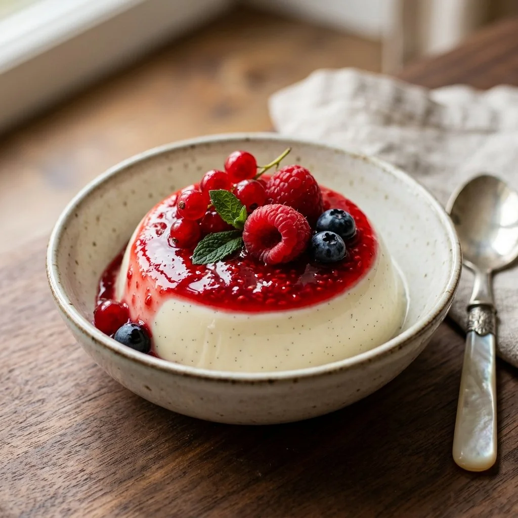 Delicious panna cotta dessert topped with fresh berries and mint leaves.