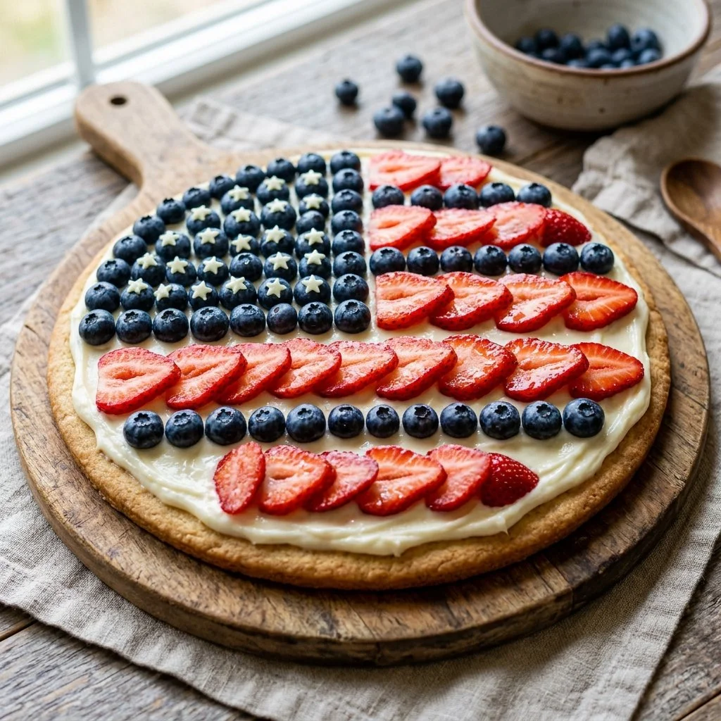 Patriotic Fruit Pizza topped with berries and cream on a festive background.