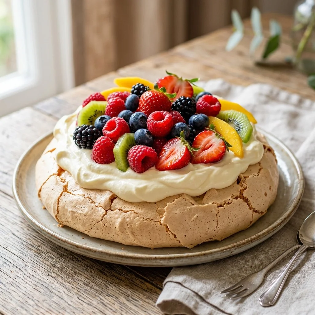 Delicious Pavlova Cake topped with fresh fruits and whipped cream.