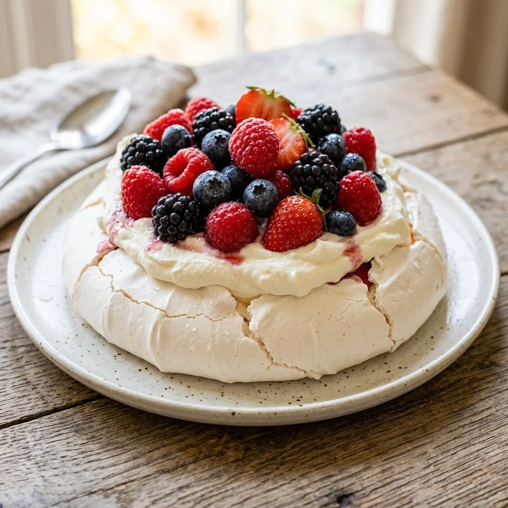 Pavlova topped with fresh berries, a delightful dessert for special occasions