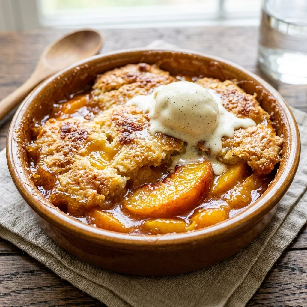 Delicious peach cobbler with juicy peaches and golden crust ready to serve