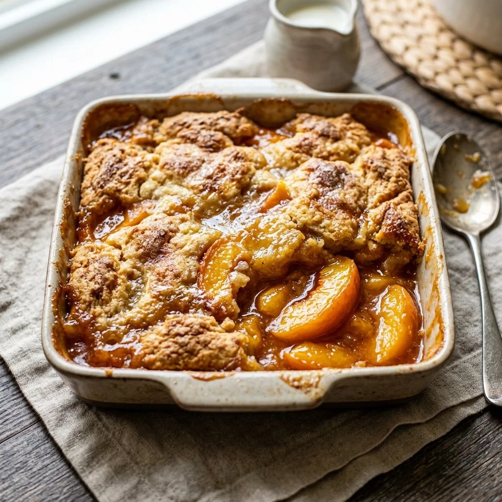 Delicious homemade Peach Cobbler with fresh peaches and golden topping