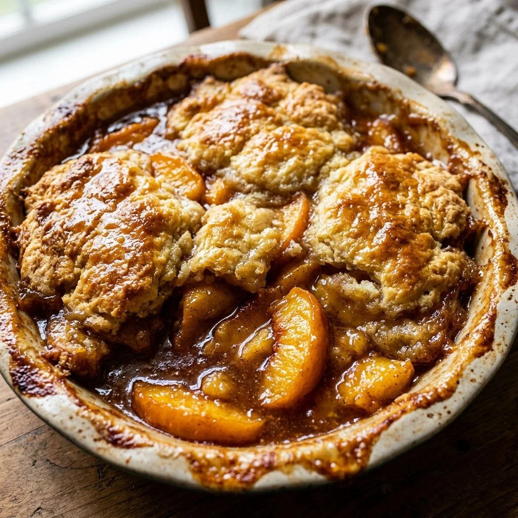 Delicious homemade peach cobbler with golden crust and fresh peaches