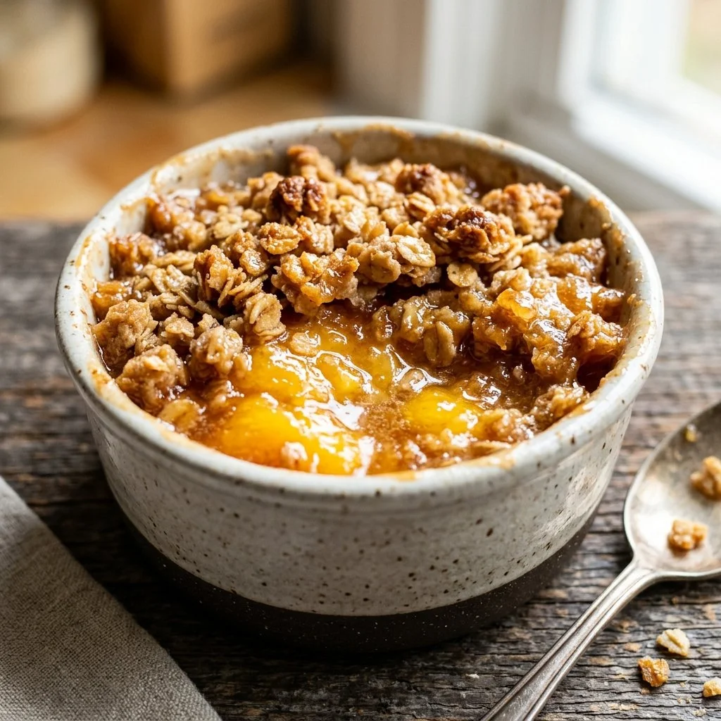 Delicious peach crisp dessert with a golden crunchy top and juicy peach filling.