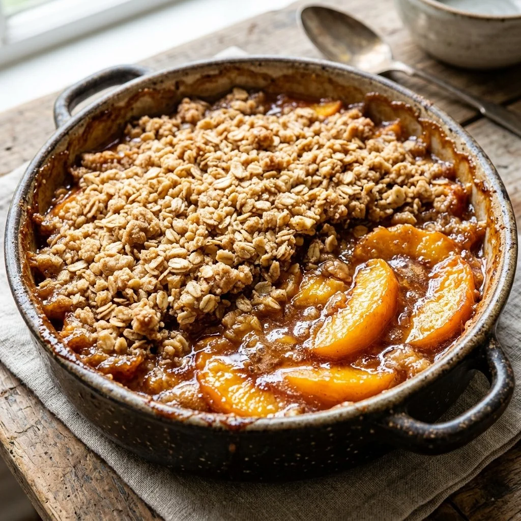 Delicious homemade peach crisp with a golden crumble topping