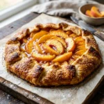 Freshly baked Peach Galette on a wooden table with vibrant green leaves