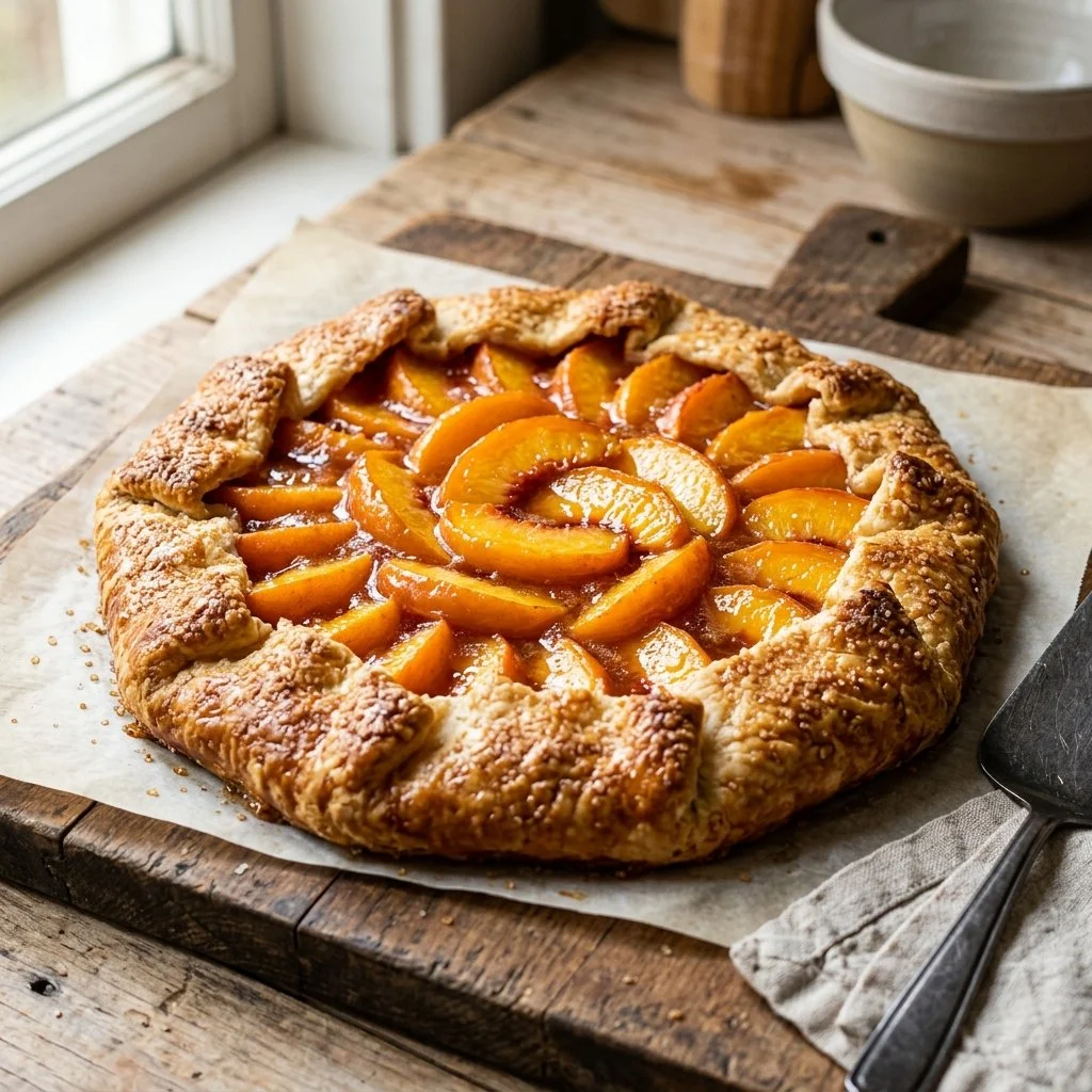 Freshly baked peach galette topped with juicy peaches on a flaky crust.