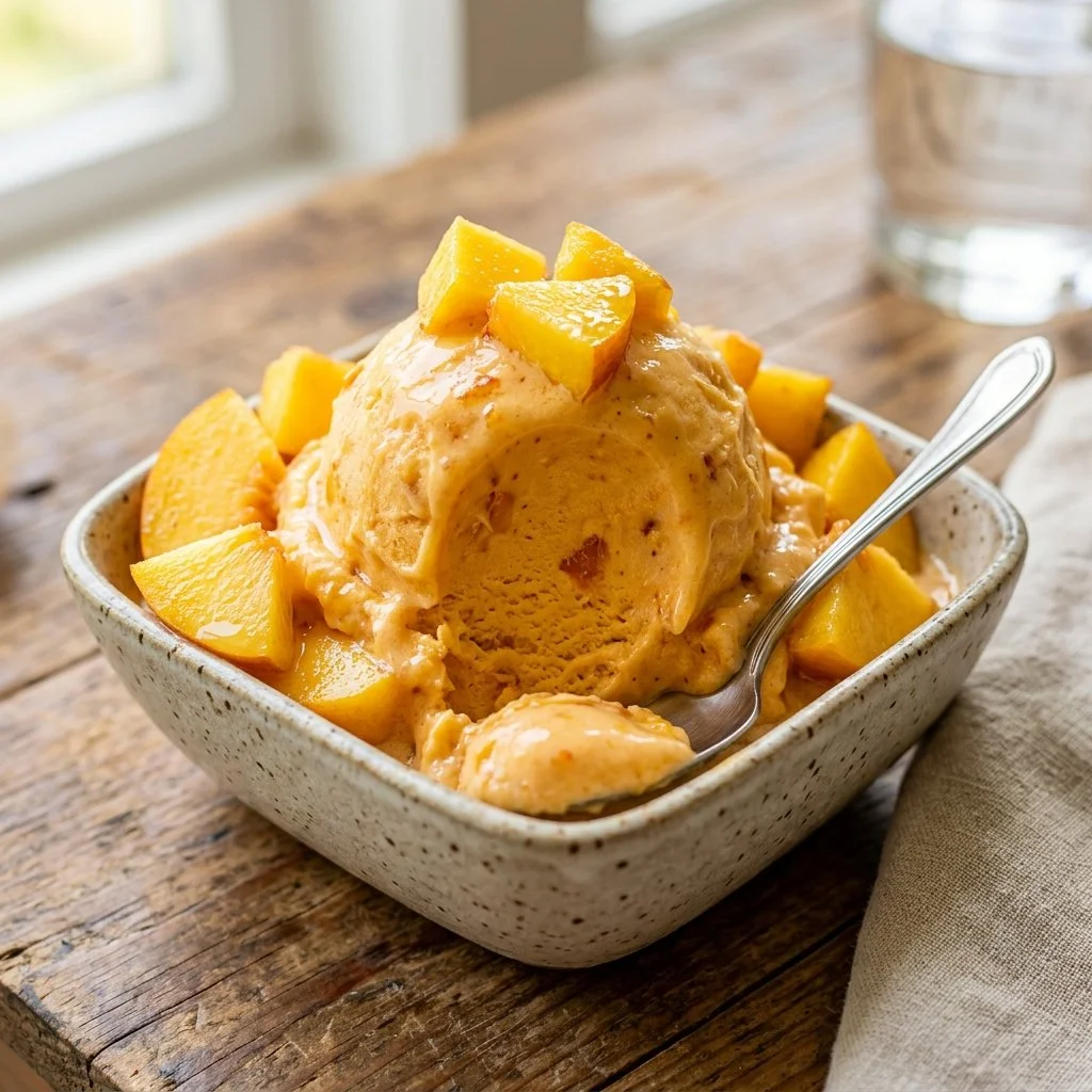 Delicious peach ice cream served in a bowl topped with fresh peach slices
