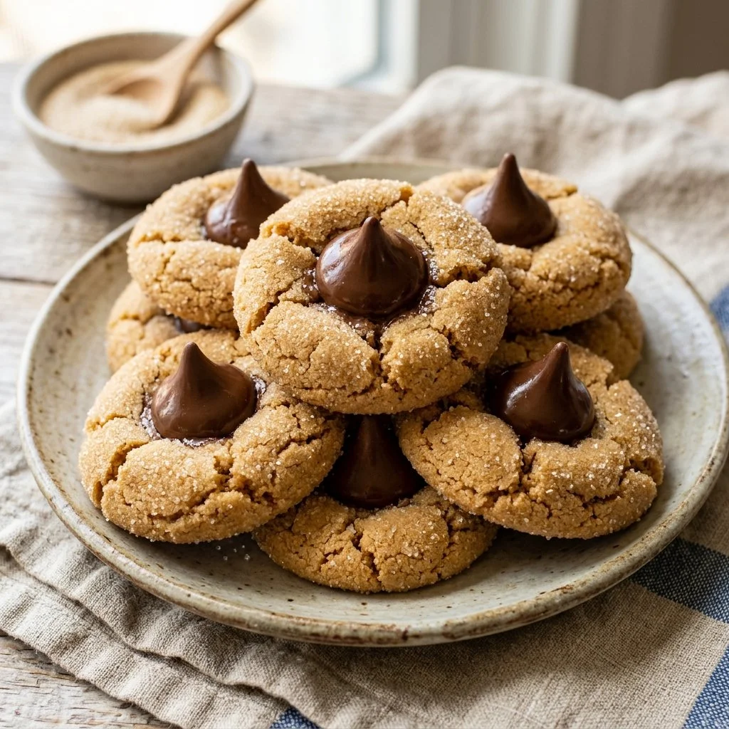 Freshly baked Peanut Butter Blossoms cookies with chocolate kisses on top