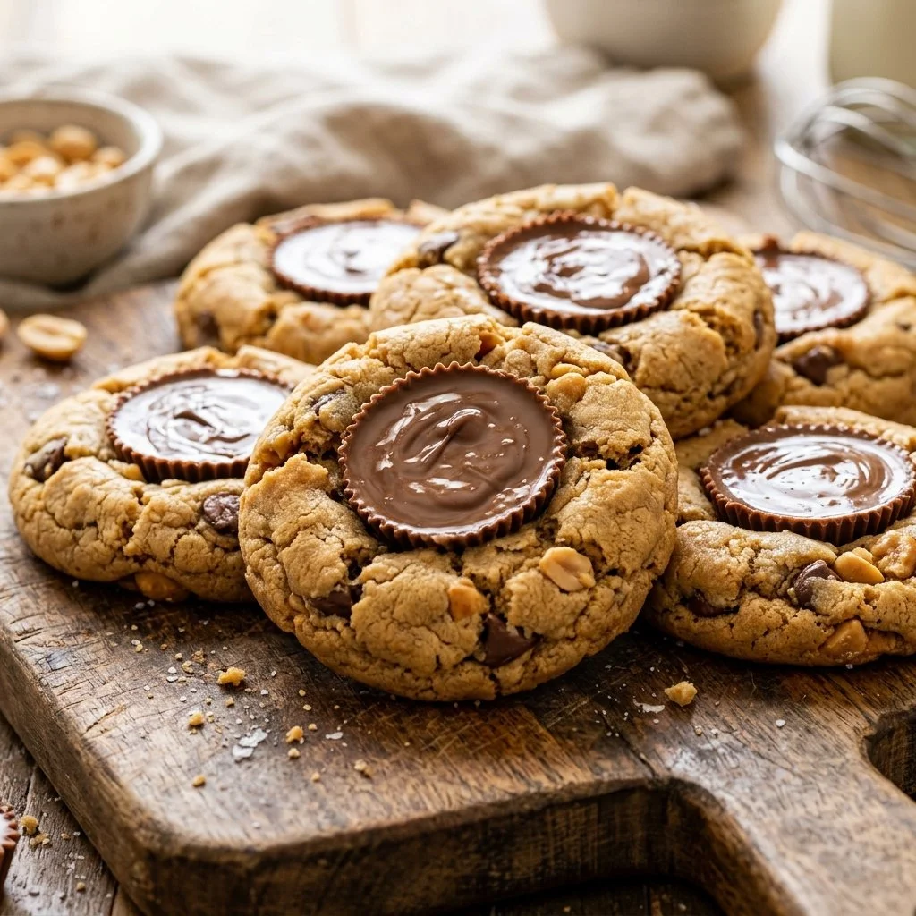 Homemade Peanut Butter Cup Cookies with chocolate and peanut butter filling